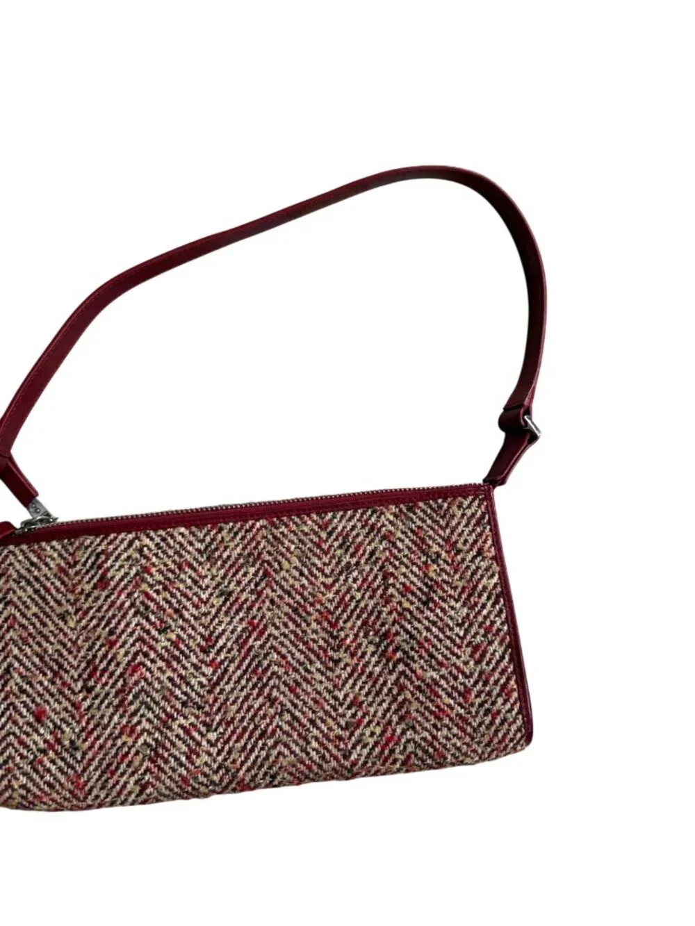 MONSAC Red Boucle Fabric Leather Shoulder Bag